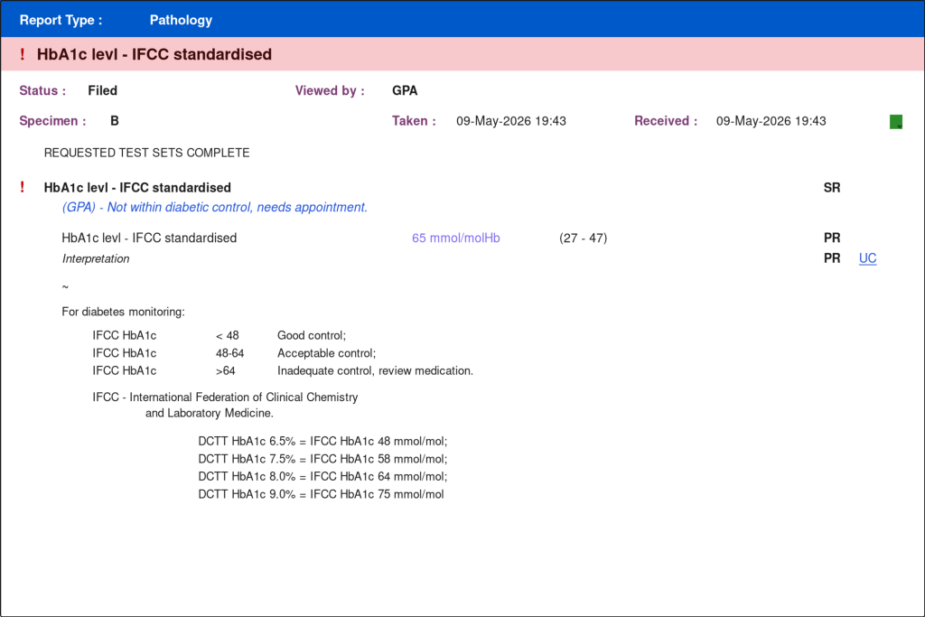 Abnormal HbA1c lab result auto-resolved by GP Automate in EMIS Web